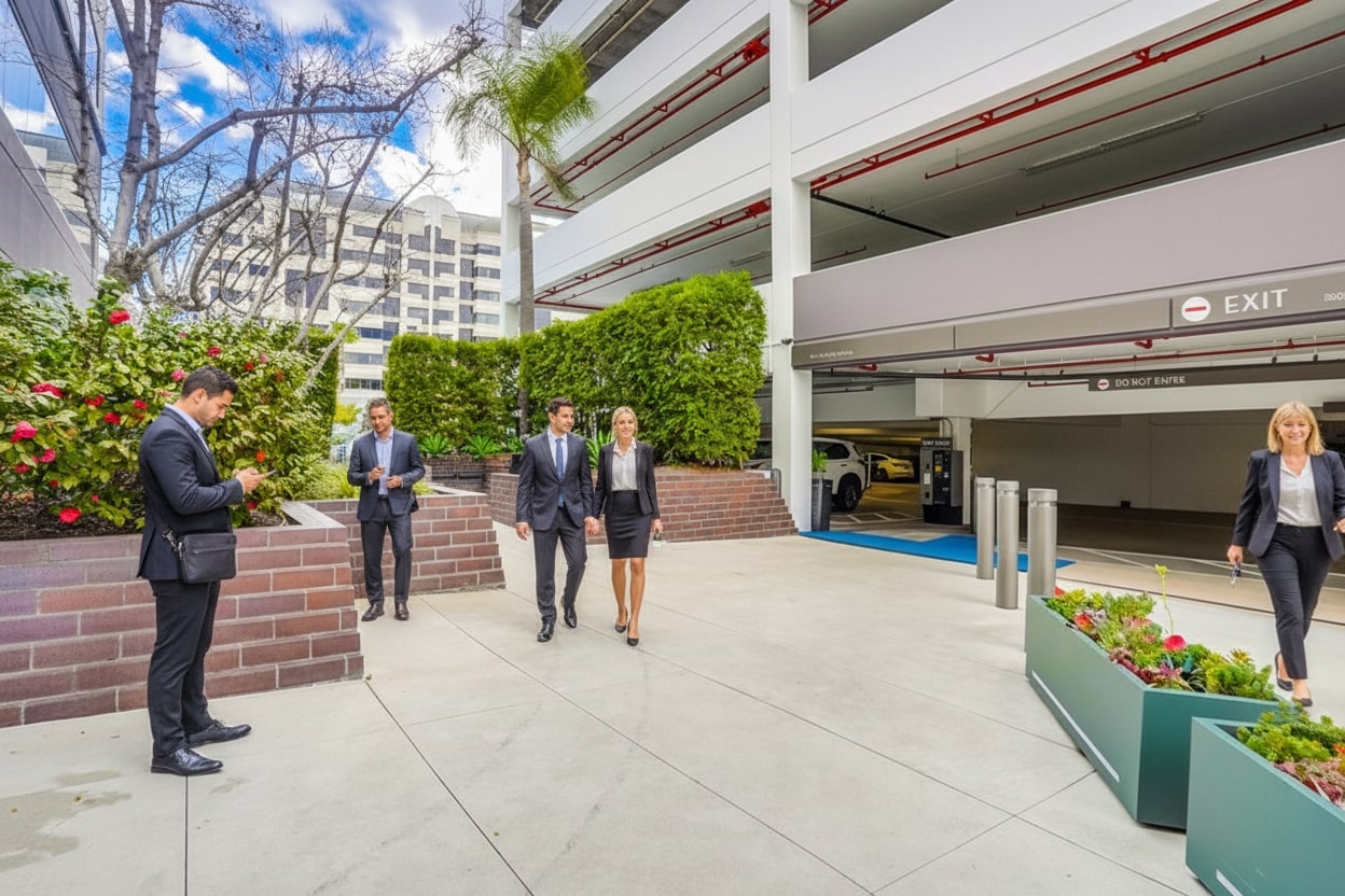 Barrister Suites Office Lease Business professionals walk and talk outside a modern parking garage, with some using phones and others conversing. The area features greenery, planters, and tall buildings in the background under a partly cloudy sky.