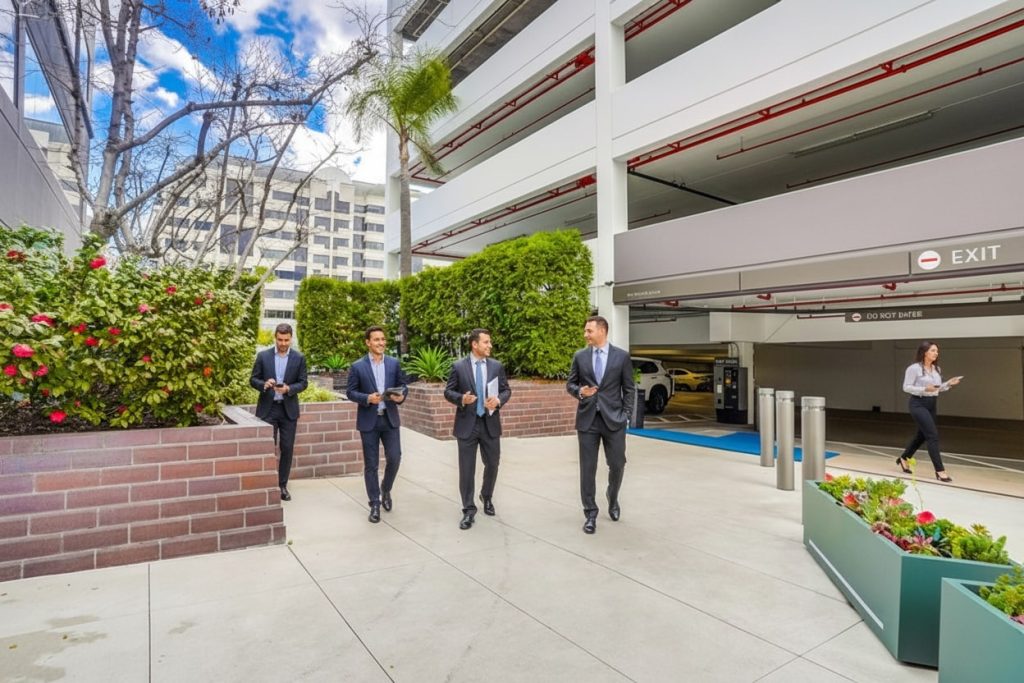 Barrister Suites Office Lease Four men in business attire walk together outside a parking garage, talking and smiling. A woman in business clothing walks alone in the background. The area is surrounded by greenery and modern buildings.