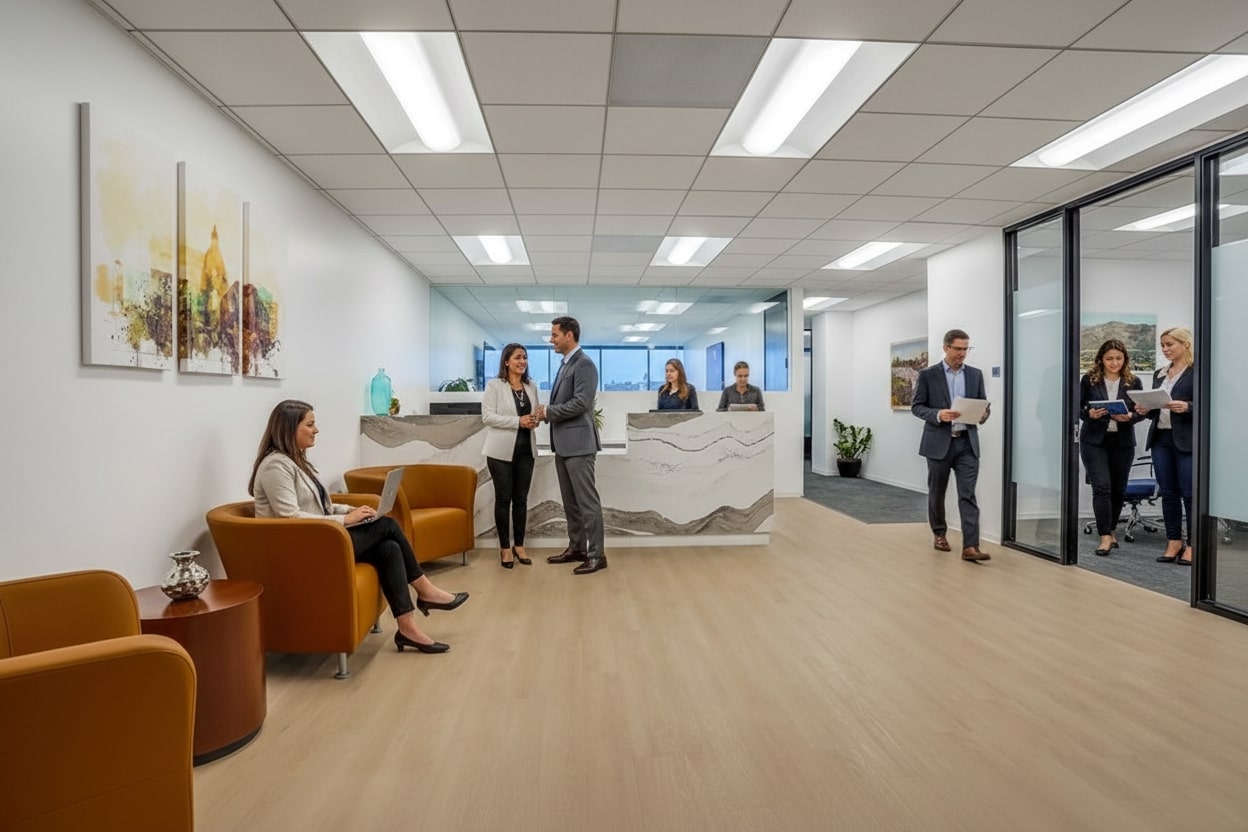 Barrister Suites Office Lease A modern office lobby with people in business attire interacting near a reception desk; some are seated in brown chairs, while others converse or review documents in a bright, spacious environment.