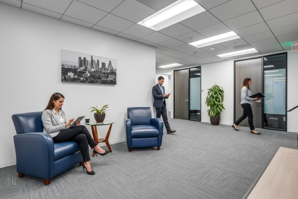 Barrister Suites Office Lease A modern office waiting area with two people sitting in blue armchairs using devices, and two others walking by. The space has gray carpet, white walls, and a cityscape photo on the wall.