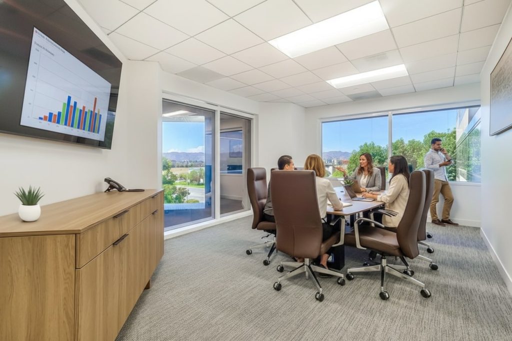 Barrister Suites Office Lease Five people in business attire are meeting in a modern conference room. Four are seated around a table with laptops, while one stands by the window. A bar graph is displayed on a wall-mounted screen.