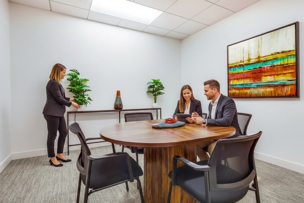 Barrister Suites Office Lease Three people in business attire are in a modern office. Two sit at a round table with a laptop, while one stands near a console table with plants. A colorful abstract painting hangs on the wall.