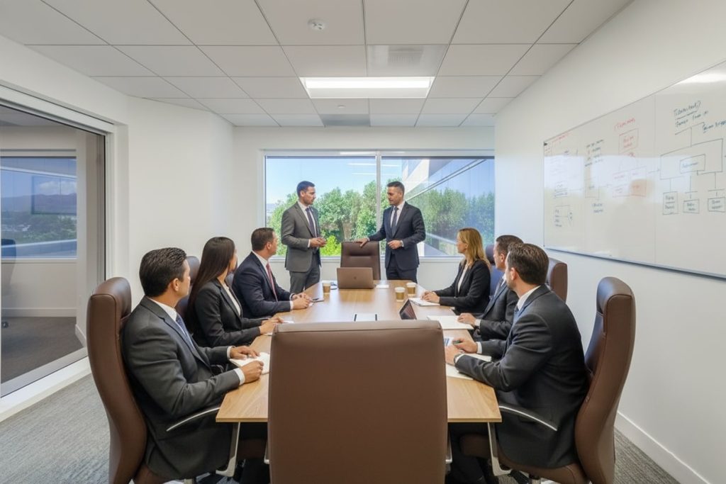 Barrister Suites Office Lease Eight people in business attire are having a meeting in a modern conference room. Two are standing and talking near a window, while six are seated at a table, listening. There is a whiteboard with diagrams on the wall.