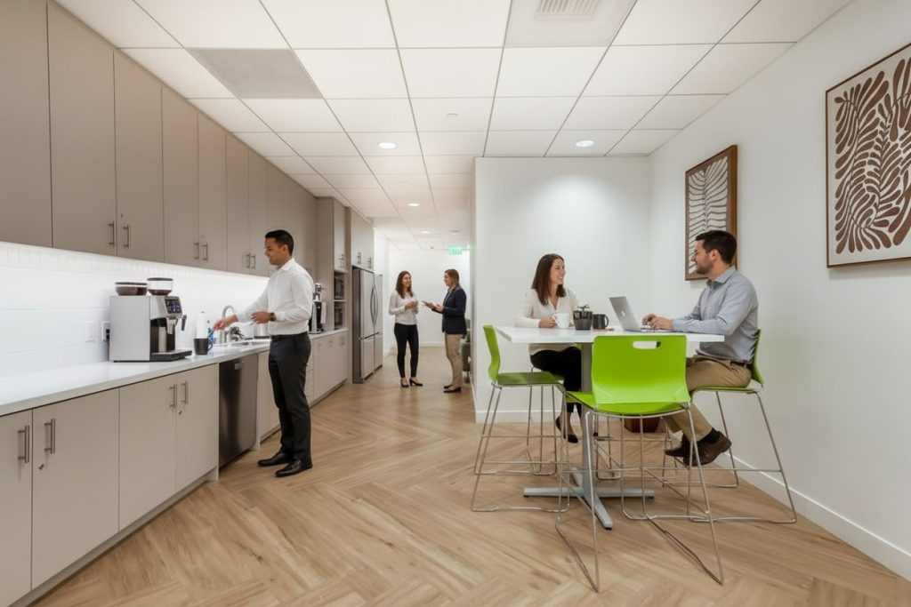 Barrister Suites Office Lease Five people are in a modern office kitchen; three converse near the counter and two sit at a high table with laptops and drinks. The space has light wood floors, green chairs, and neutral décor.