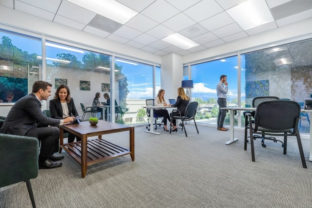 Barrister Suites Office Lease Modern office space with large windows; two people in suits converse at a coffee table, two women work together at a desk, and a man stands near the window talking on a phone. Natural light fills the room.