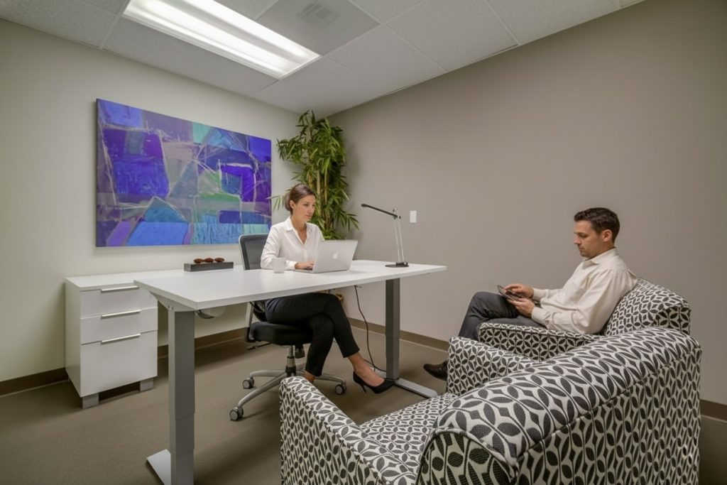 Barrister Suites Office Lease A woman works on a laptop at a desk while a man sits in an armchair looking at his phone in a modern office with abstract wall art and a potted plant.