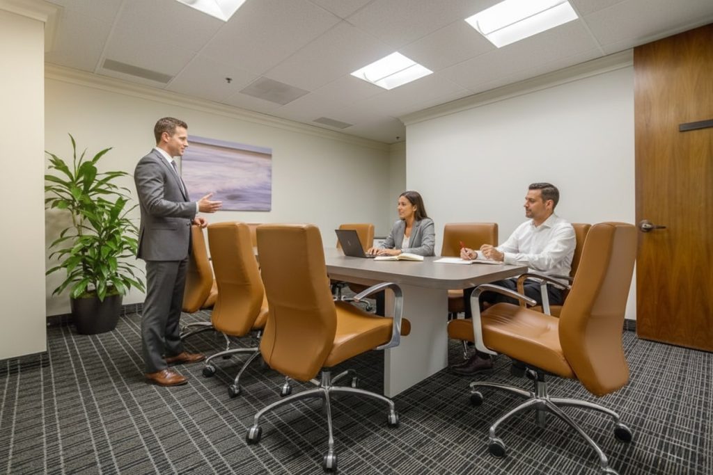 Barrister Suites Office Lease A man in a suit stands and speaks to a woman and a man seated at a conference table in a modern office meeting room with brown chairs and a laptop open on the table.