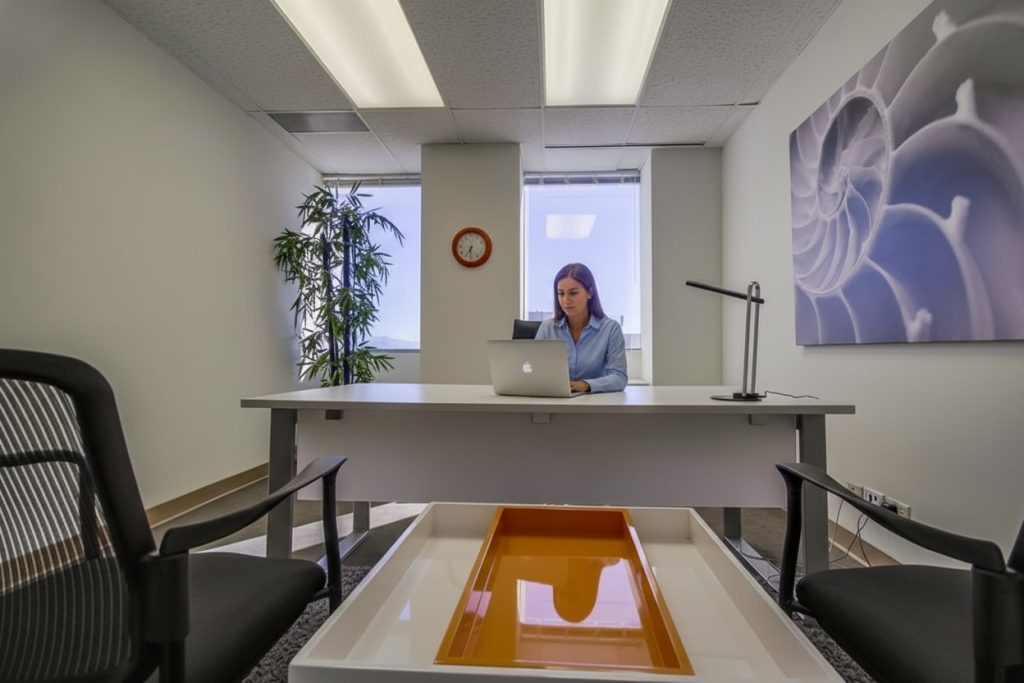 Barrister Suites Office Lease A woman sits alone at a desk in a modern office, working on a laptop. The room has bright lighting, a large abstract painting, a potted plant, a clock on the wall, and two empty chairs facing her.