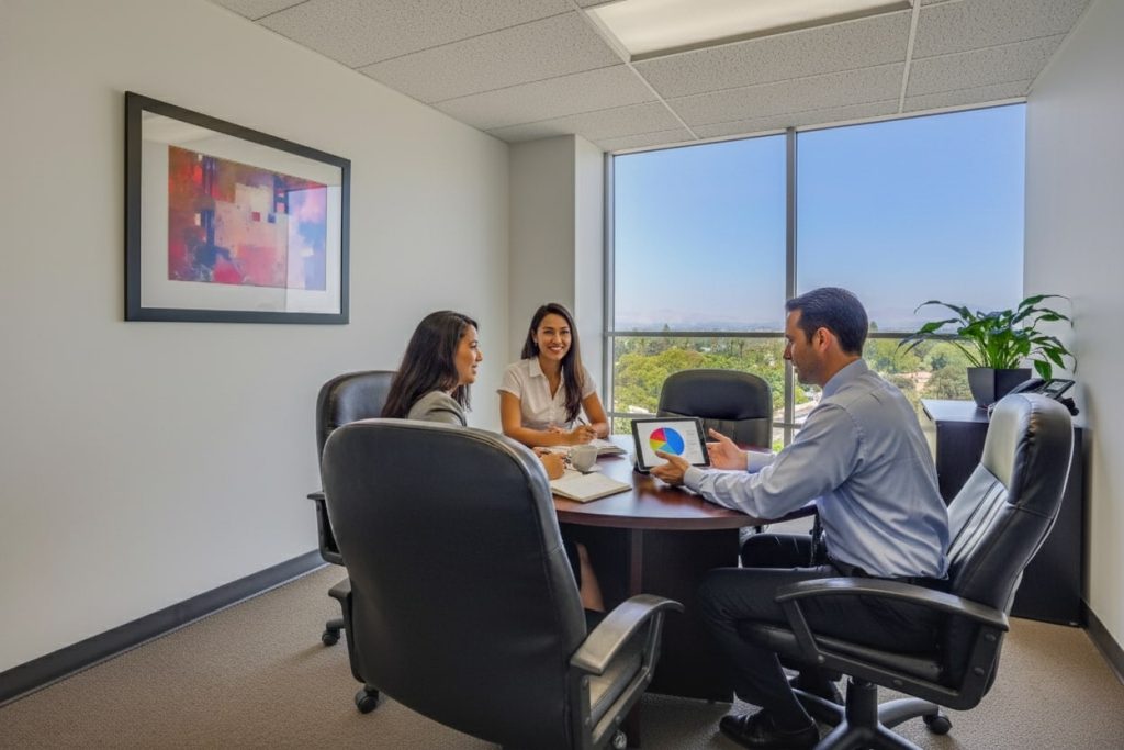 Barrister Suites Office Lease Three people sit around a small round table in a modern office, discussing documents and a tablet displaying a colorful pie chart. Large windows show a sunny view outside, and a plant sits by the window.