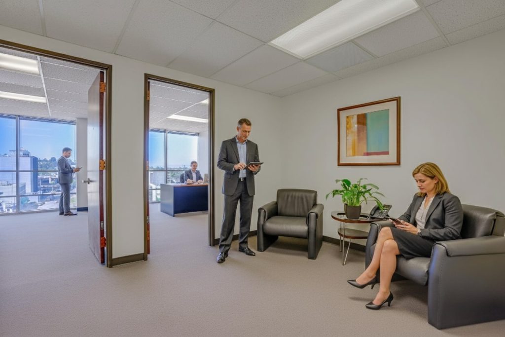 Barrister Suites Office Lease Four people in business attire are in a modern office suite. One woman sits on a black chair using her phone, a man stands using a tablet, and two men are in a glass-walled office with city views.