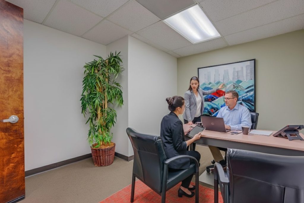 Barrister Suites Office Lease Three people are having a discussion in a modern office. Two sit at a desk with laptops and a tablet, while one stands. There is a large potted plant and colorful artwork on the wall.