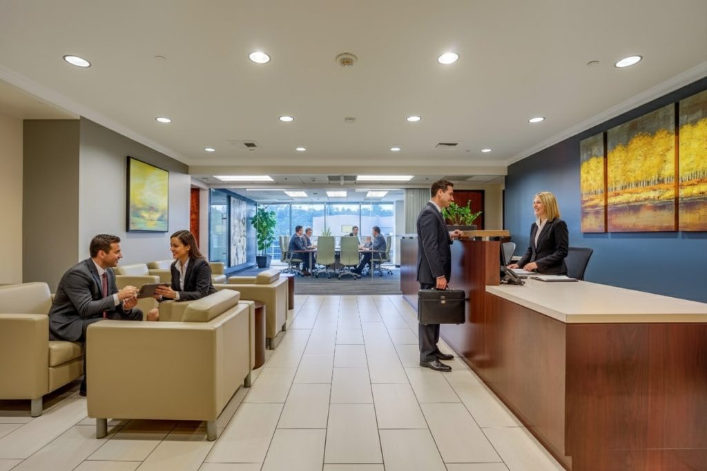 Barrister Suites Office Lease A modern office lobby with two people sitting and talking on beige sofas, a man speaking to a receptionist at a desk, and a meeting taking place in a glass-walled room in the background.