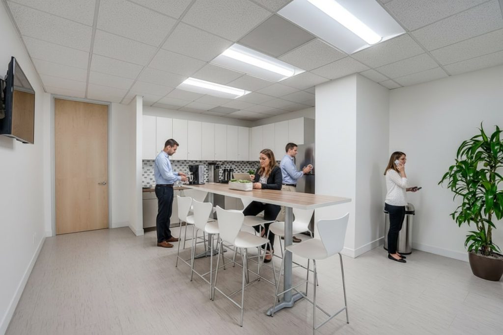 Barrister Suites Office Lease Four people are in a modern office kitchen; two are standing at a counter using their phones, one is sitting at a table with a laptop, and another stands nearby. The space is bright with white walls and a plant.