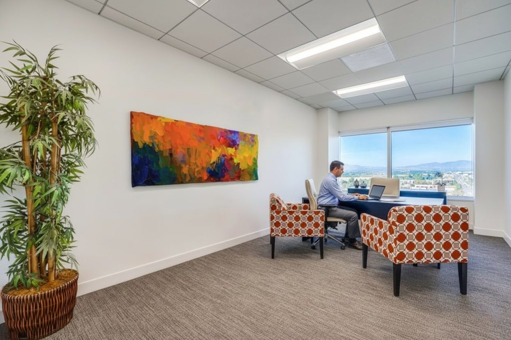 Barrister Suites Office Lease A man works at a desk in a bright, modern office with large windows, colorful abstract art on the wall, and a tall potted plant. Two patterned chairs face the desk.