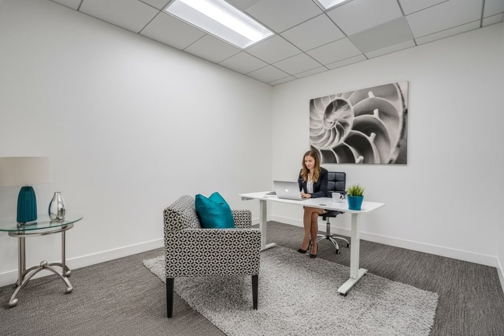 Barrister Suites Office Lease A woman sits at a modern white desk with a laptop in a minimalist office. The room has white walls, a patterned armchair, a small glass table with a lamp, and a large abstract shell art piece on the wall.