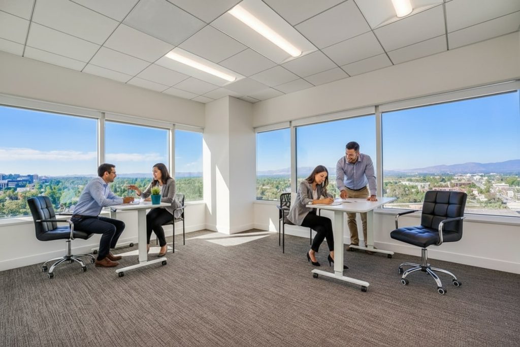Barrister Suites Office Lease Four people work in a bright office with large windows and scenic views. Two pairs collaborate at separate desks, engaged in conversation and reviewing documents. The space is modern and filled with natural light.