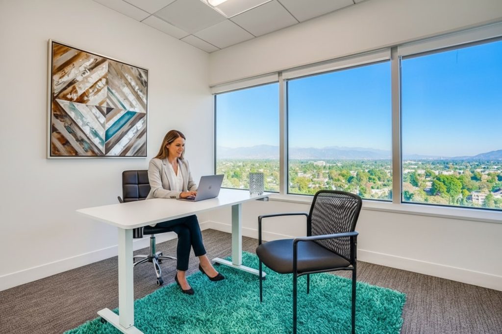 Barrister Suites Office Lease A woman in business attire works on a laptop at a modern white desk in a bright office with large windows overlooking a cityscape and mountains. There’s a green rug, artwork on the wall, and an empty chair.