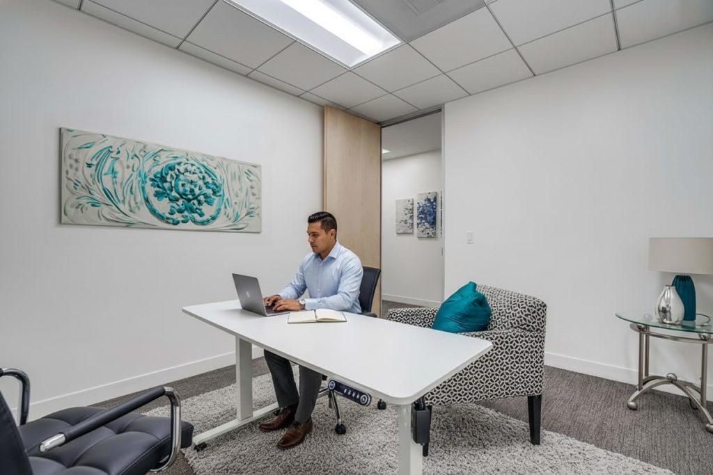 Barrister Suites Office Lease A man sits at a white desk in a modern, minimalist office, working on a laptop. The room has white walls, a patterned chair, teal accents, a table lamp, and abstract artwork on the wall.