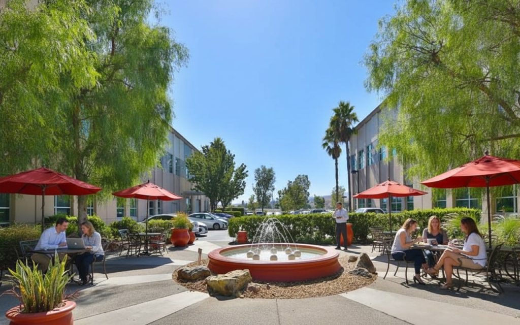 Barrister Suites Office Lease People sit at tables with red umbrellas, working and socializing around a circular fountain in a sunny courtyard surrounded by trees, plants, and modern office buildings.