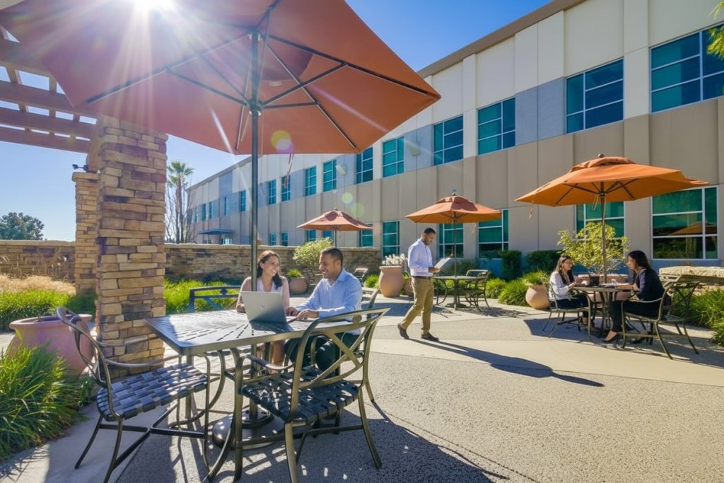 Barrister Suites Office Lease A group of people sitting outside a building.