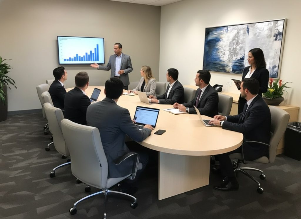 Barrister Suites Office Lease A man stands by a screen displaying a bar graph, presenting to seven colleagues seated around a conference table with laptops and notebooks in a modern office meeting room.