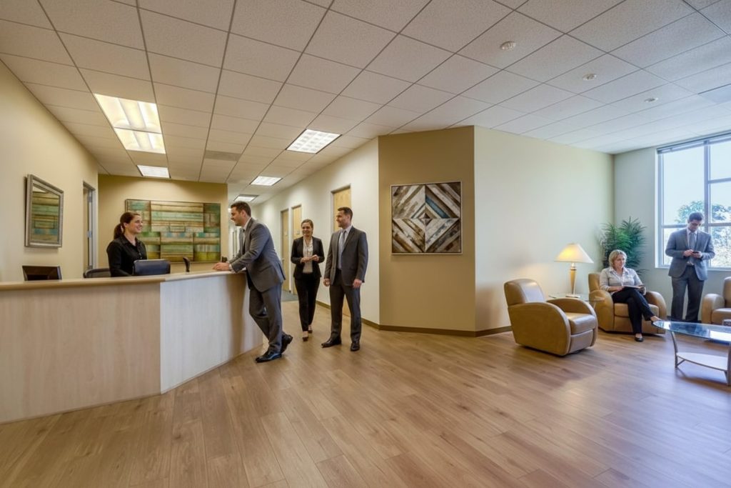 Barrister Suites Office Lease A modern office lobby with a receptionist at a desk speaking to a man in a suit, while three other people stand and two sit in lounge chairs near large windows. The room has wood floors and contemporary decor.