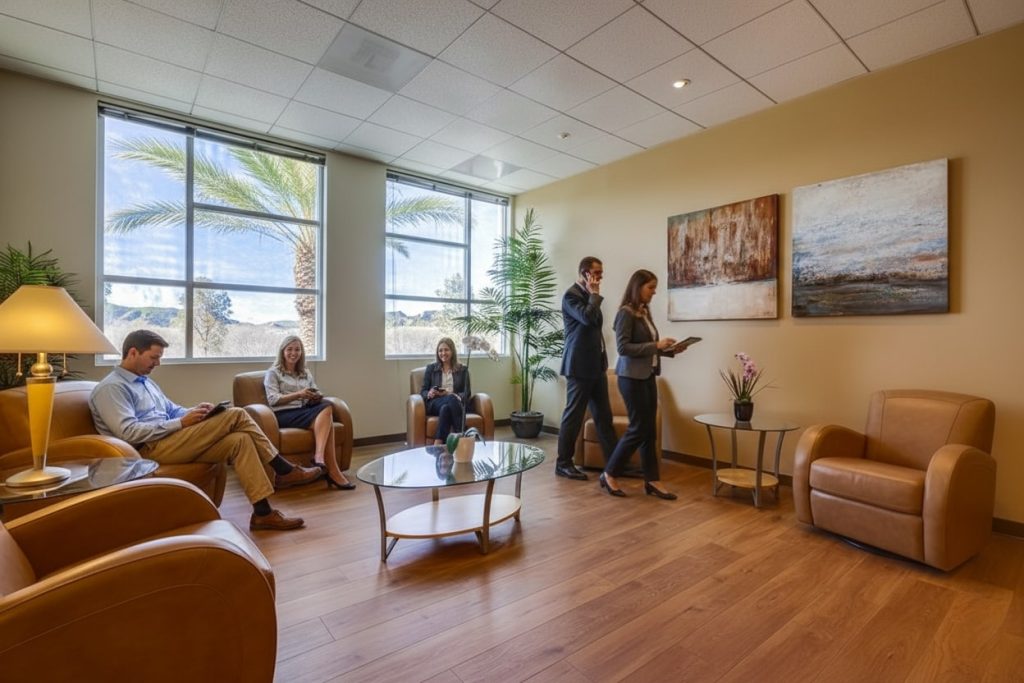 Barrister Suites Office Lease A modern office waiting room with leather chairs, four people seated and two people walking, large windows with palm trees outside, wood floor, potted plants, and abstract paintings on the wall.
