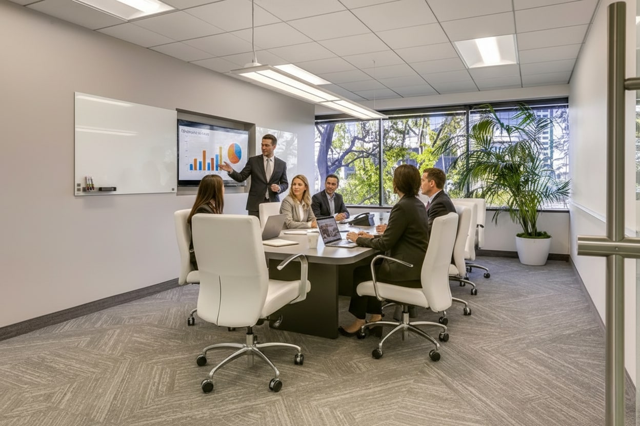 Barrister Suites Office Lease Six people in business attire sit around a conference table in a modern office, with one person standing and presenting a chart on a screen. Large windows and plants brighten the room.