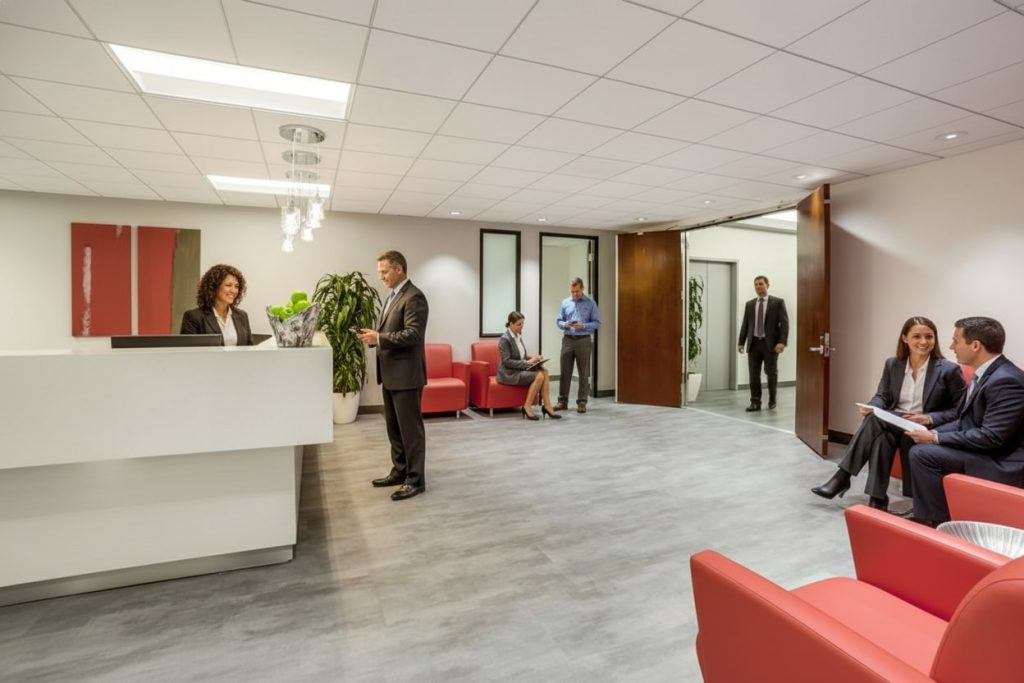 Barrister Suites Office Lease A modern office lobby with red chairs, a white reception desk, and several people in business attire talking, sitting, or walking. The space is bright with white walls, ceiling lights, and potted plants.