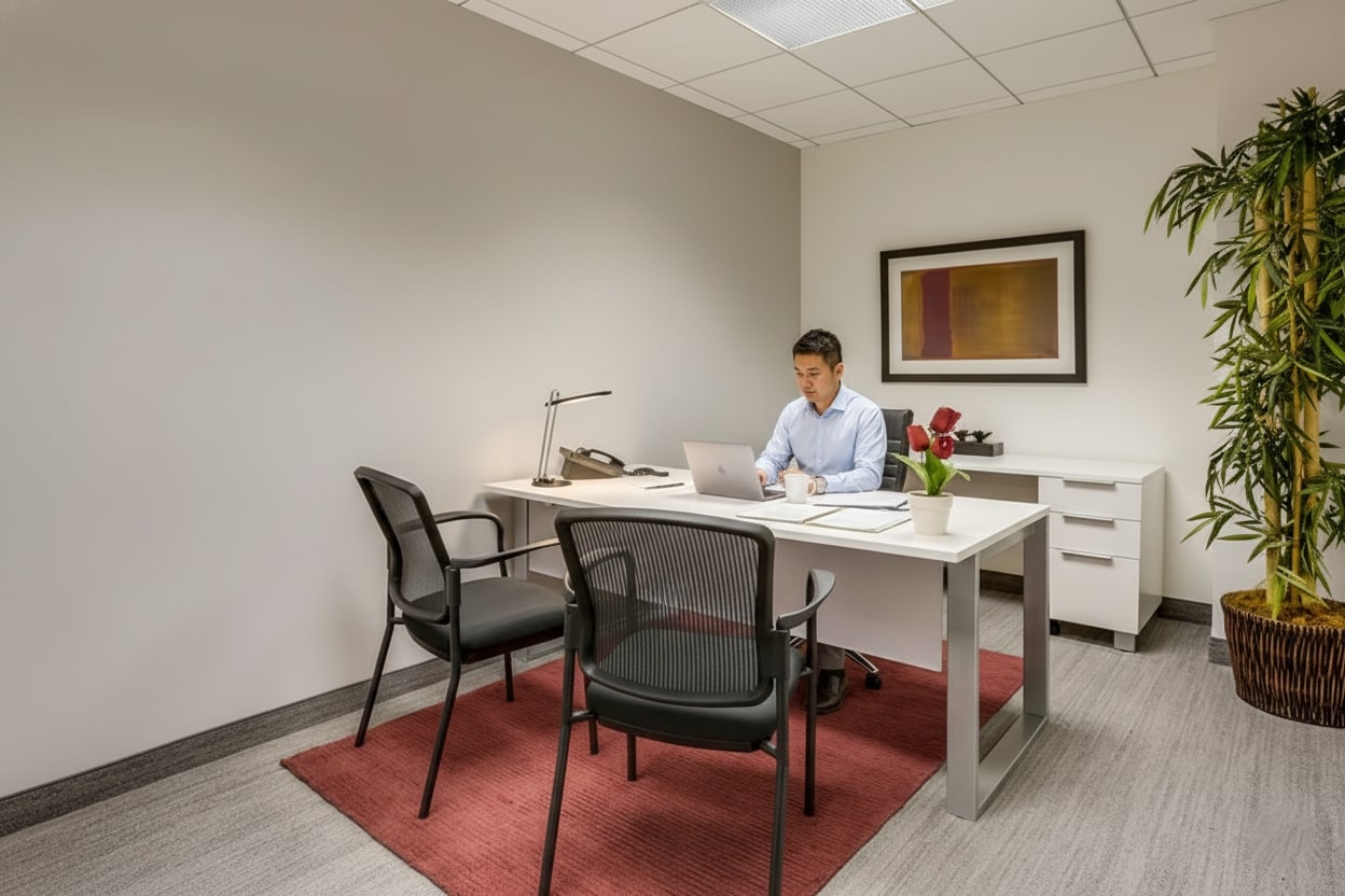 Barrister Suites Office Lease A man sits at a white desk in a modern office, working on a laptop. The room has two black chairs, a potted plant, a red rug, a lamp, and a framed artwork on the wall. The space is tidy and well-lit.