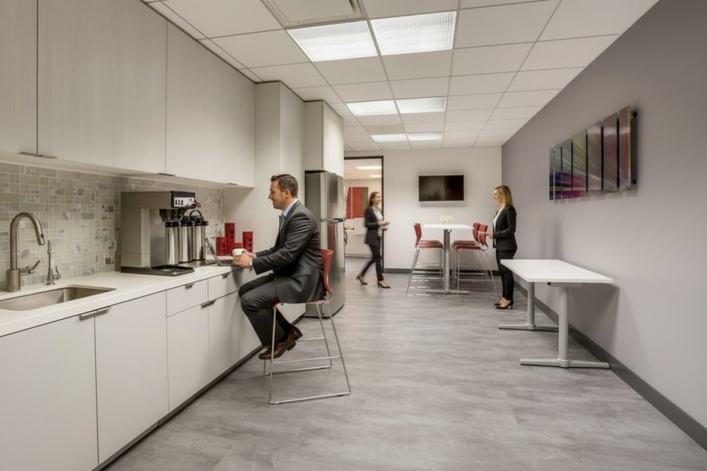 Barrister Suites Office Lease Three people in business attire are in a modern office break room with gray floors, white cabinets, and a coffee machine. One man is seated making coffee, while two women stand and talk near high tables in the background.