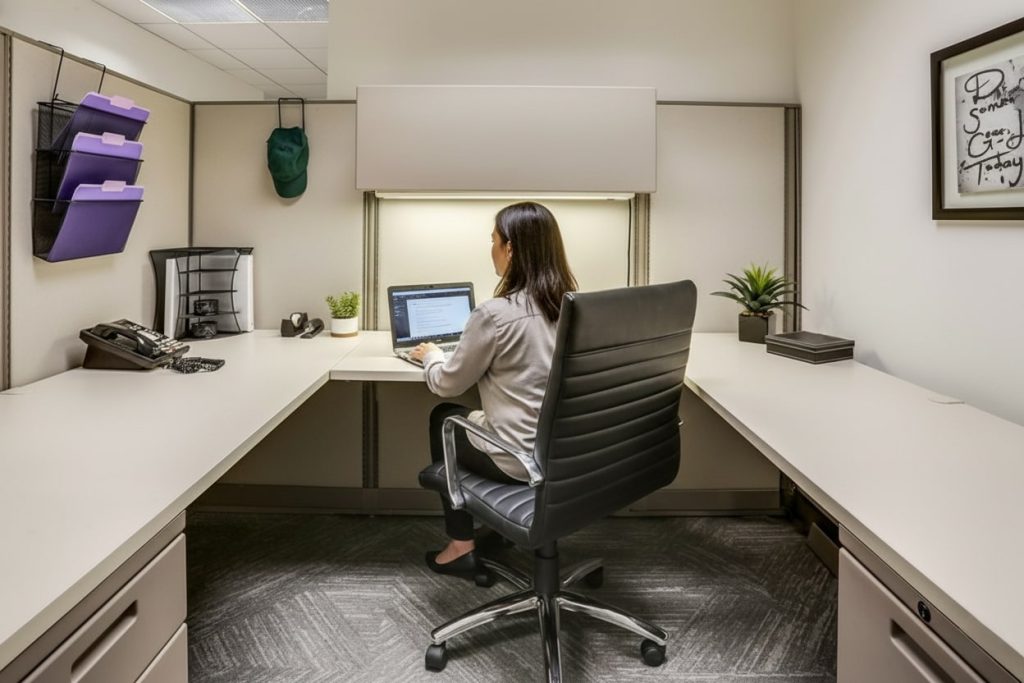 Barrister Suites Office Lease A woman sits at a desk in a modern office cubicle, working on a laptop. The workspace is tidy, with organized files, a phone, potted plants, and framed artwork on the wall.