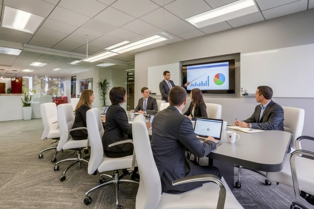 Barrister Suites Office Lease A group of people in business attire sit around a conference table, listening to a man presenting charts and graphs on a large screen in a modern office meeting room.