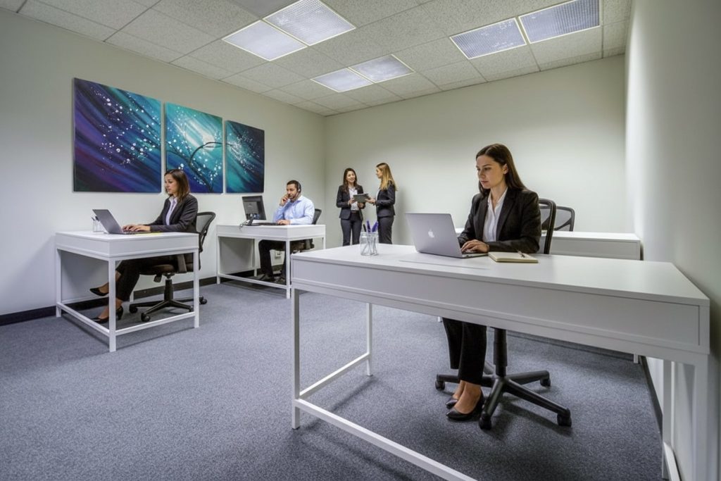 Barrister Suites Office Lease Five people in business attire work in a modern office with white desks and laptops. Three sit at desks, while two stand and talk in the back. Abstract blue artwork hangs on the wall. The room has light walls and carpeted floor.