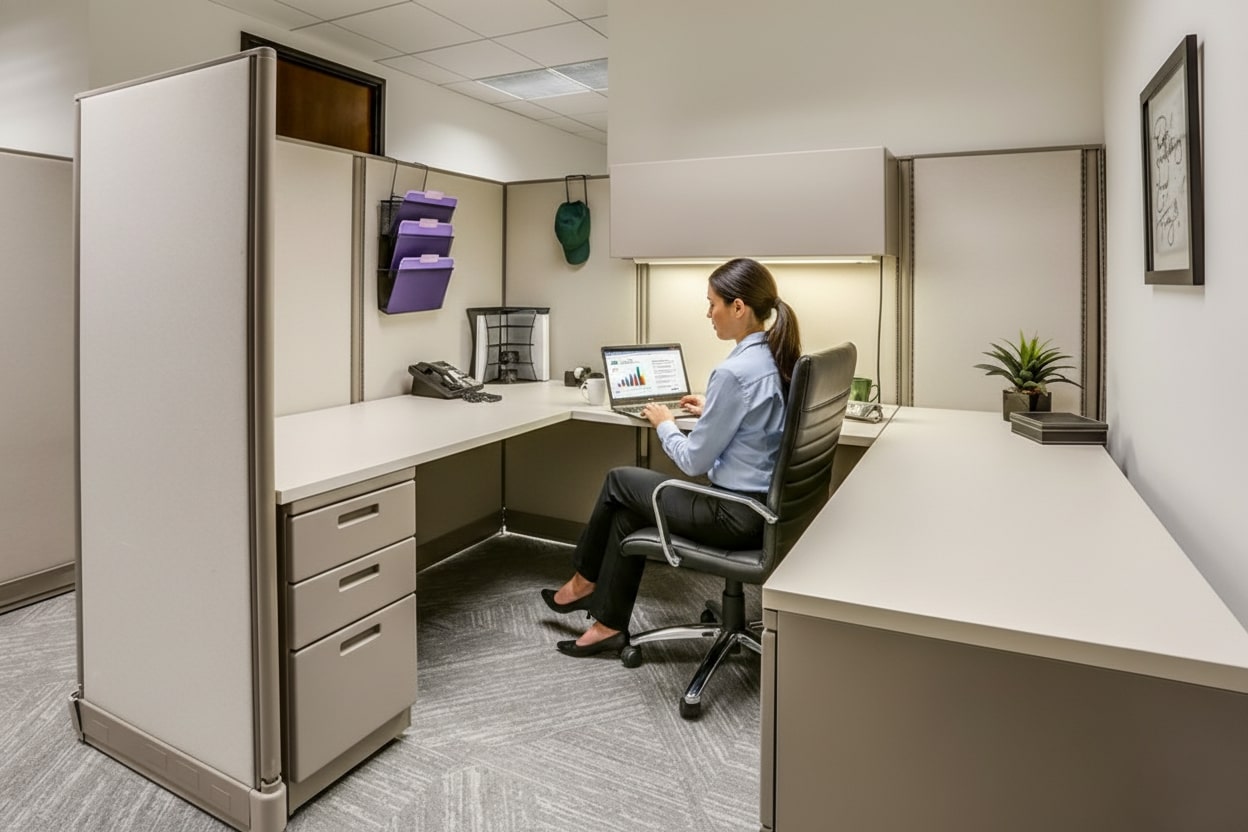 Barrister Suites Office Lease A woman sits in a modern office cubicle, working on a laptop. The workspace is tidy, with neutral-colored furniture, a phone, office supplies, a small potted plant, and charts displayed on the laptop screen.