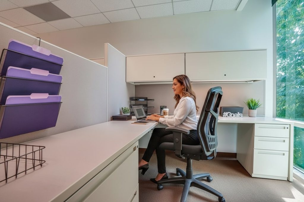 Barrister Suites Office Lease A woman sits at a desk in a modern office cubicle, working on a laptop with a coffee cup in hand. The workspace has organized shelves, office supplies, and a window with greenery outside.