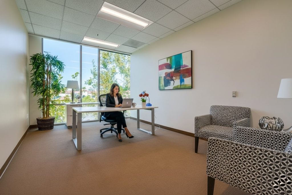 Barrister Suites Office Lease A woman sits at a desk working on a laptop in a bright, modern office with large windows, a potted plant, two patterned chairs, and colorful abstract art on the wall.
