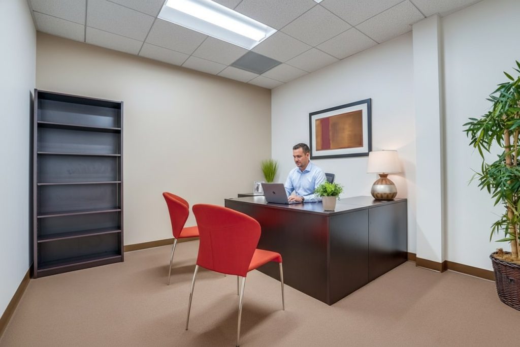 Barrister Suites Office Lease A man works on a laptop at a dark desk in a small office with beige walls, red chairs, a potted plant, a lamp, artwork, and an empty black bookshelf.