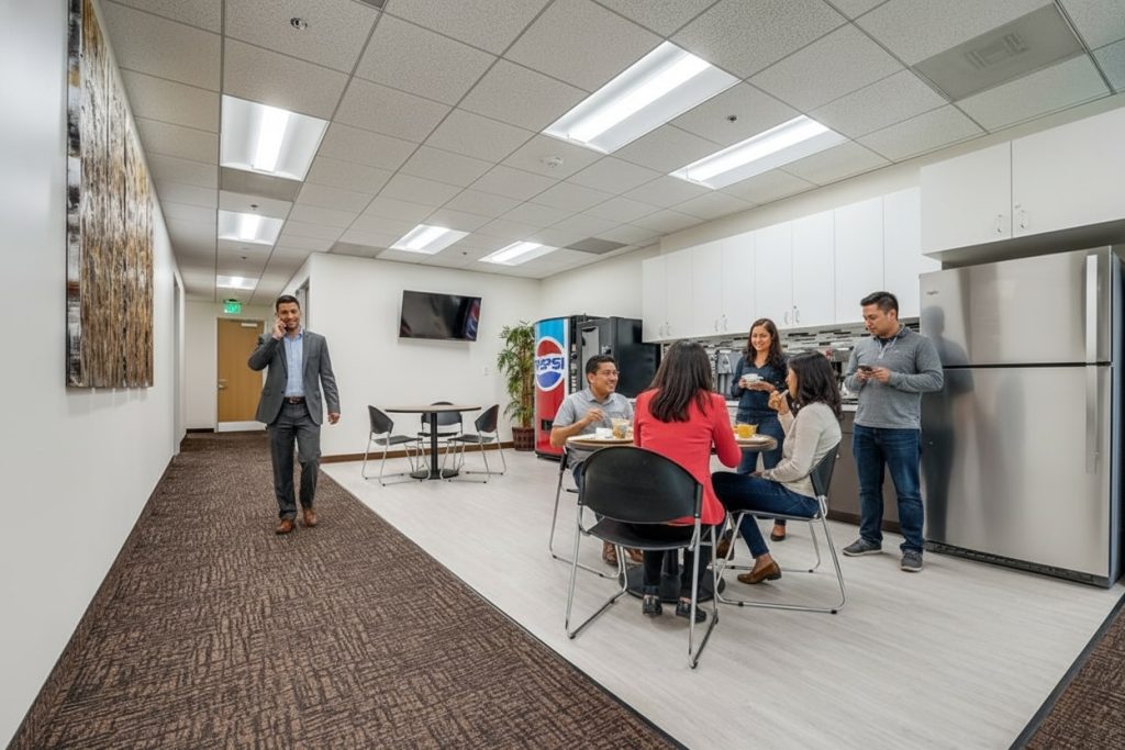 Barrister Suites Office Lease Five people are sitting and standing around a table in an office break room, eating and talking. Another person in business attire is walking through the room while talking on a phone. There’s a Pepsi vending machine and kitchen appliances.