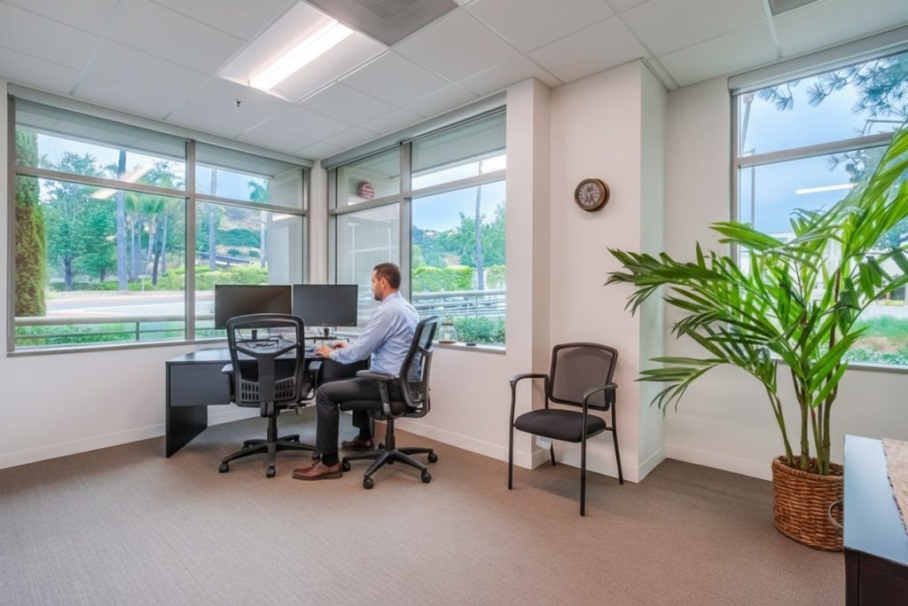Barrister Suites Office Lease A man sits at a desk with dual monitors in a bright office with large windows, modern furniture, a potted plant, and a wall clock. Trees and greenery are visible outside.