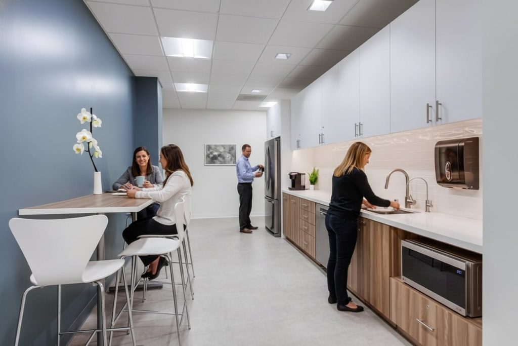 Barrister Suites Office Lease Modern office kitchen with three women and one man. Two women sit and talk at a counter, another woman uses the sink, and the man prepares coffee near the refrigerator. The space is clean and bright with white and wood decor.