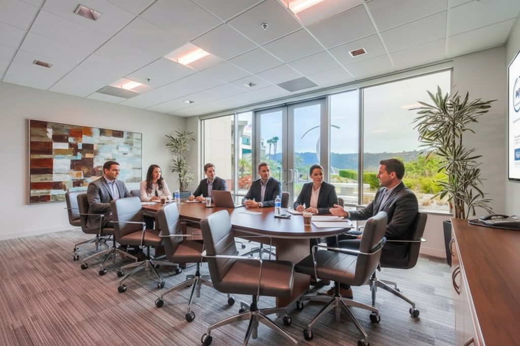 Barrister Suites Office Lease Six people in business attire sit around a large conference table in a modern, well-lit office with large windows, plants, and a wall-mounted screen, engaged in a meeting or discussion.