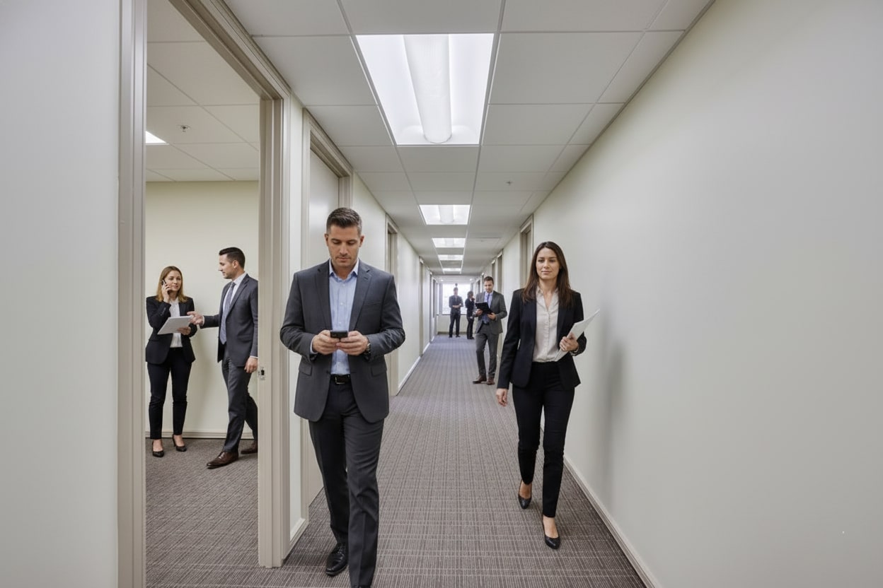 Barrister Suites Office Lease Several people in business attire walk and talk in a bright, modern office hallway. Some hold documents or phones, while others converse near doorways. The atmosphere appears professional and focused.
