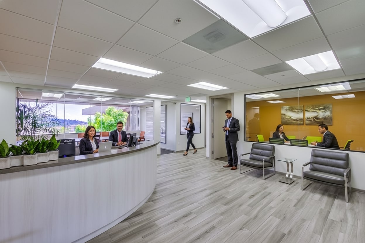 Barrister Suites Office Lease Modern office lobby with a curved reception desk where two people are seated. Three people are standing or walking, and three others are meeting in a glass-walled conference room. The space is bright with natural and artificial light.