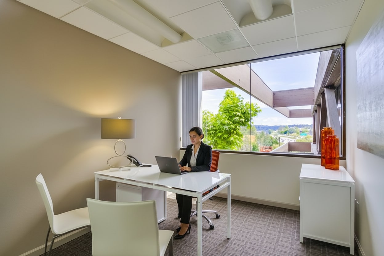 Barrister Suites Office Lease A woman in business attire sits at a white desk working on a laptop in a modern office with large window views of trees and mountains, a lamp on her desk, and bright decor on a side cabinet.