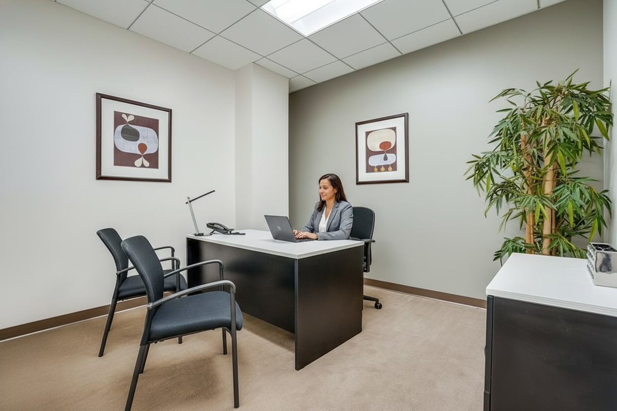 Barrister Suites Office Lease A woman in business attire works on a laptop at a modern office desk; two chairs face her, with framed abstract art on the walls and a tall potted plant in the corner.