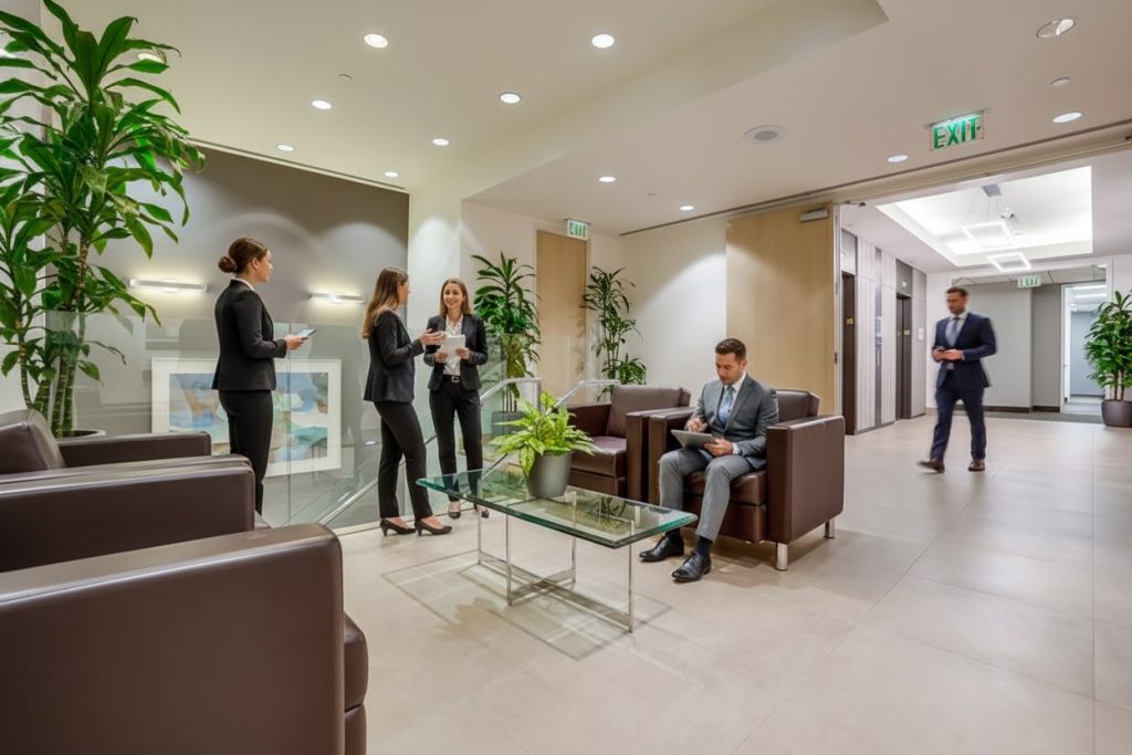 Barrister Suites Office Lease Modern office lobby with people in business attire; three standing and talking, one seated and writing, another walking. The space has brown chairs, a glass coffee table, and is decorated with green plants.