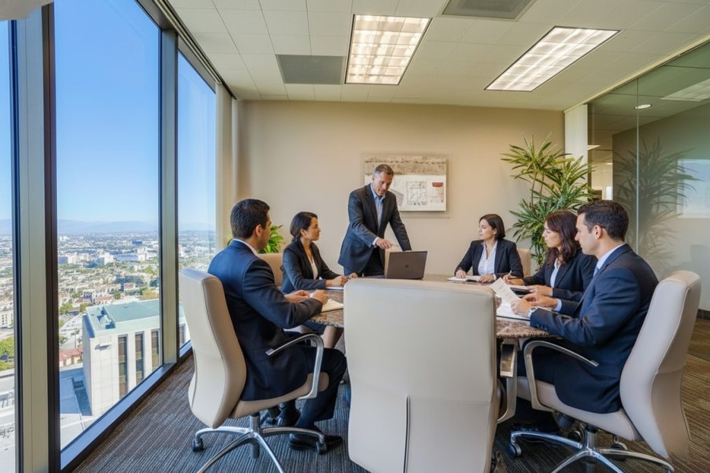 Barrister Suites Office Lease Six people in business attire sit around a conference table in a modern office with large windows and a city view. One person stands, presenting to the group, while the others listen and take notes.