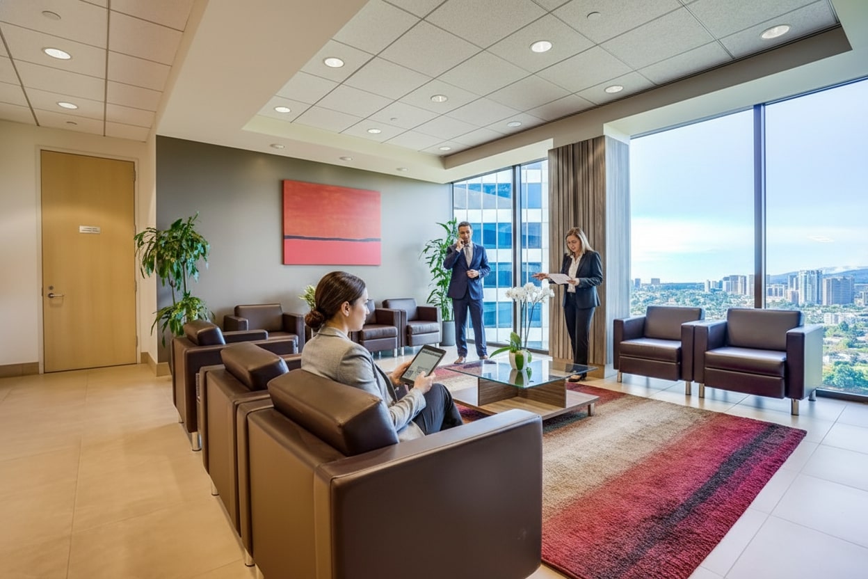 Barrister Suites Office Lease Modern office lobby with brown leather chairs, a red-striped rug, large windows showing a cityscape, and three people in business attire—one sitting with a tablet, two standing and talking near a coffee table with white flowers.