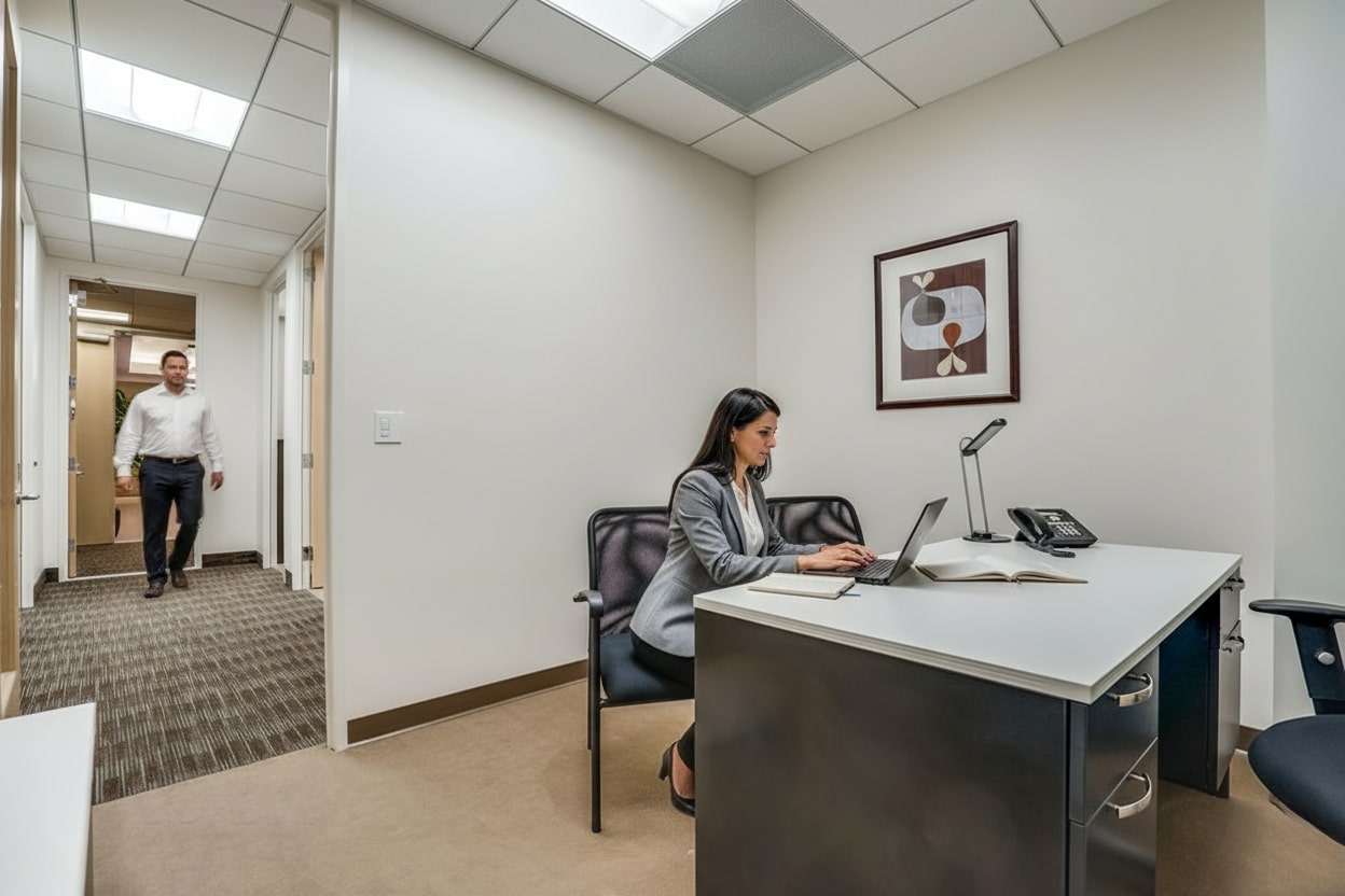 Barrister Suites Office Lease A woman in business attire works at a desk with a laptop and open book in a modern office, while a man walks down the hallway towards the room. The office walls are white, and there is abstract art on the wall.